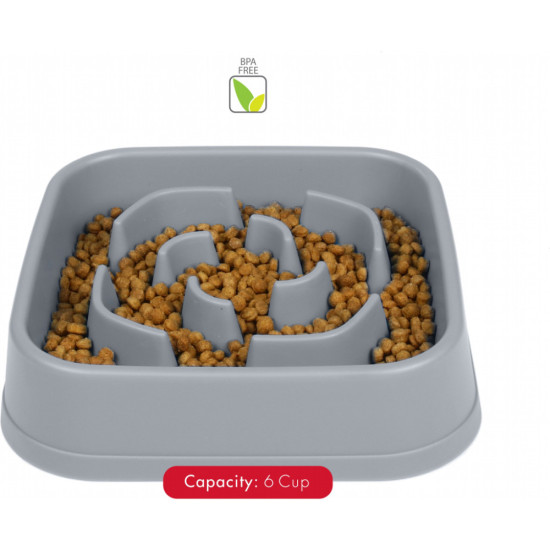 Посуд для собак Dexas Силіконова квадратна миска Slow Maze Feeder для повільного годування 1.44 л світло-сіра (0084297309930)