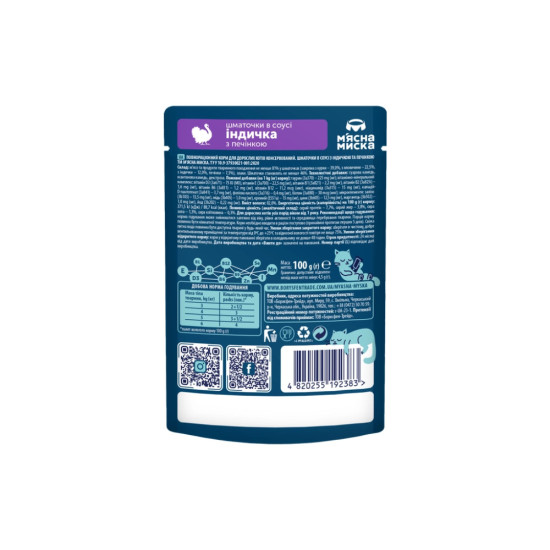 Вологий корм для кішок М'ясна Миска шматочки в соусі з індичкою та печінкою 100 г (4820255192383)