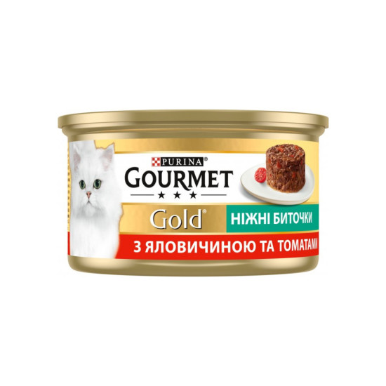 Вологий корм для кішок Purina Gourmet Gold. Ніжні биточки з яловичиною і томатами 85 г (7613035442474)