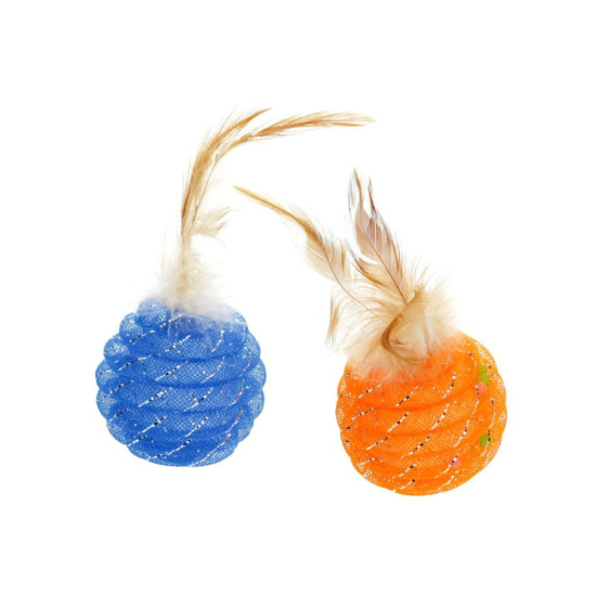 Іграшка для котів Hippie Pet М'ячики з пір'ям, синій і помаранчевий 5 см 2 шт (HIPCT18118MO)