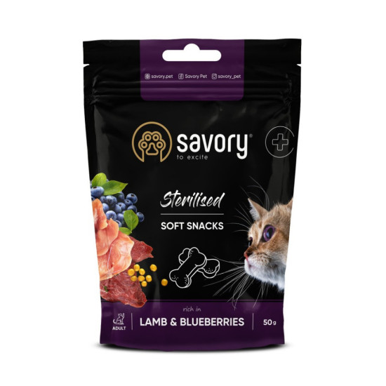 Ласощі для котів Savory для стерилізованих, ягня з чорницями 50 г (4820232631416)