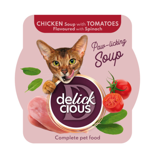 Вологий корм для кішок Delickcious Суп з курки з томатами та додаванням шпинату 80 г (4820269141551)