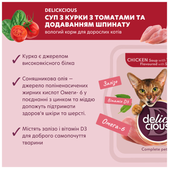 Вологий корм для кішок Delickcious Суп з курки з томатами та додаванням шпинату 80 г (4820269141551)