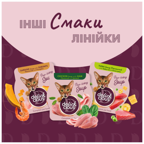 Вологий корм для кішок Delickcious Суп з курки з томатами та додаванням шпинату 80 г (4820269141551)
