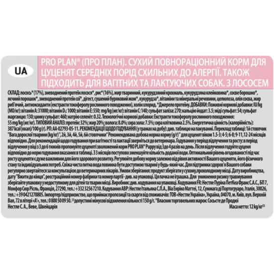 Сухий корм для собак Purina Pro Plan Dog Medium Puppy з лососем і рисом 12 кг (7613035120389)