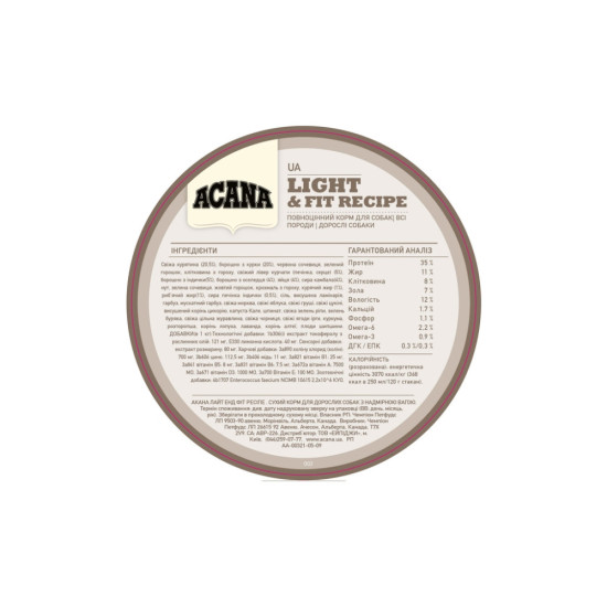 Сухий корм для собак ACANA Light&Fit Recipe 11.4 кг (0064992512118)