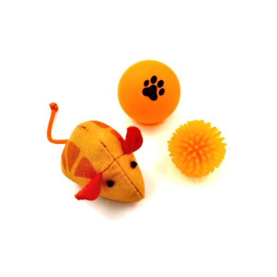 Іграшка для котів Hippie Pet Мишка та два м'ячика, помаранчева (HIPSET2303007)