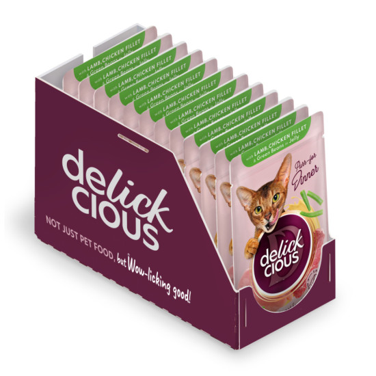 Вологий корм для кішок Delickcious Шматочки з ягнятиною, курячим філе і квасолею спаржевою в желе 85 г (4820269143128)