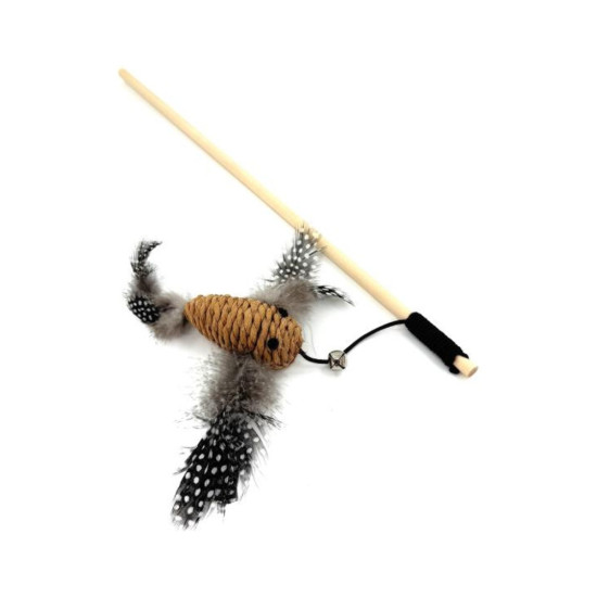 Іграшка для котів Hippie Pet Вудка з пташкою з мотузки та пір'я коричнева 40 см (HIPCW2303008RU)