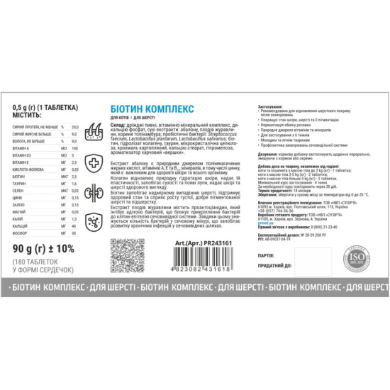 Вітаміни для котів ProVET Profiline Біотин комплекс для шерсті 180 табл (4823082431618)